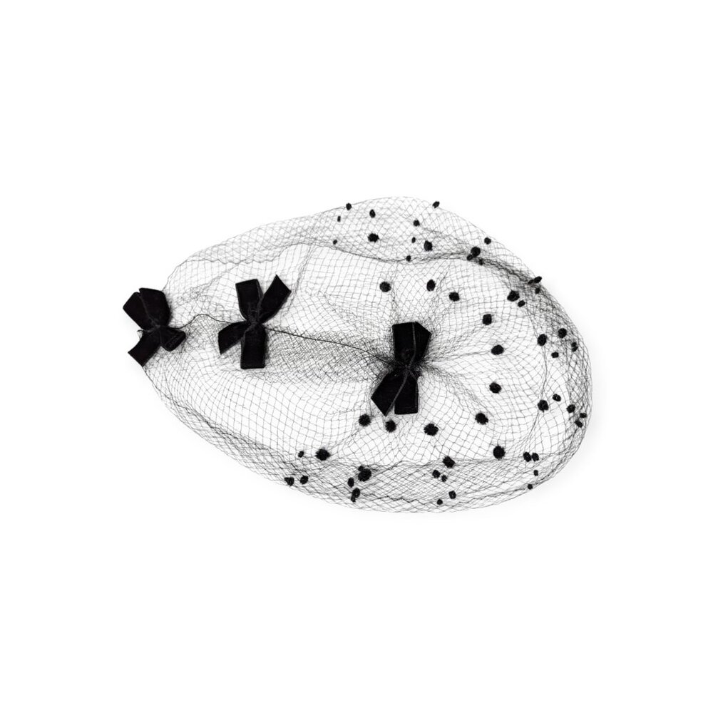 Vintage Black Net w/Polka Dots & Bows Head Covering One Size Fits Most - Picture 6 of 7